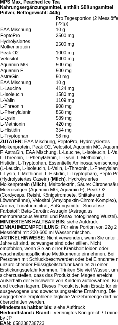 Produktetikett — MPS Max, Peached Ice Tea - 440g (PB 118952)
