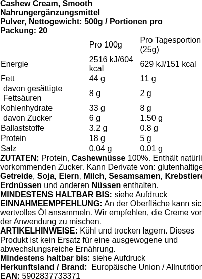 Produktetikett — Cashew Cream, Smooth - 500g (PB 117571)
