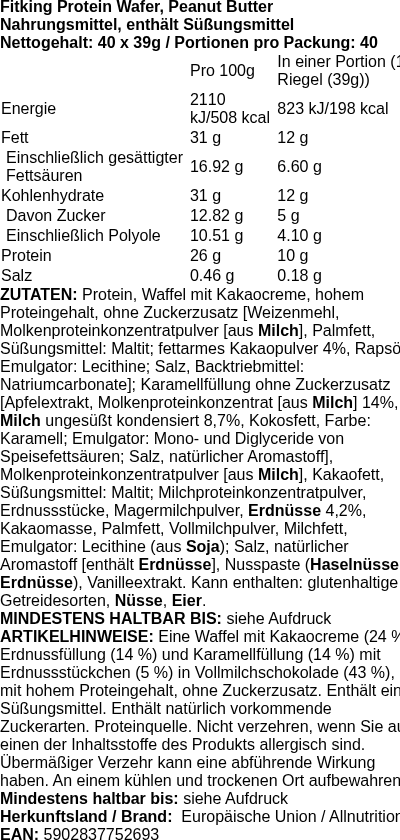 Produktetikett — Fitking Protein Wafer, Peanut Butter - 40 x 39g (PB 121106)