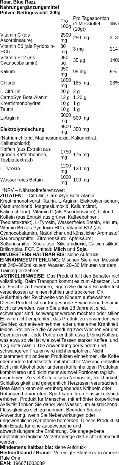 Produktetikett — Roar, Blue Razz - 300g (PB 117744)
