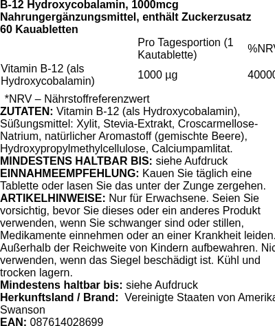 Produktetikett — B-12 Hydroxycobalamin, 1000mcg - 60 chewable tablets (PB 84590)