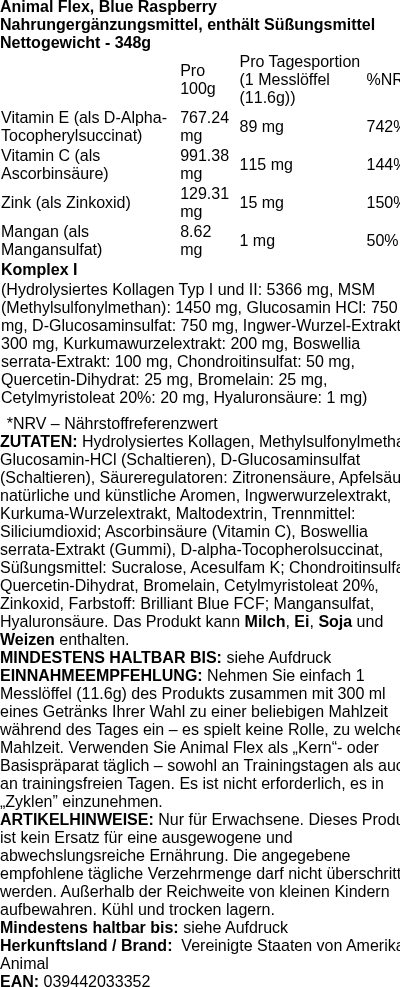 Produktetikett — Animal Flex, Blue Raspberry - 348g (PB 115249)