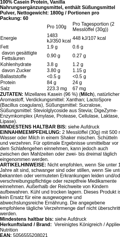 Produktetikett — 100% Casein Protein, Vanilla - 1800g (PB 123472)