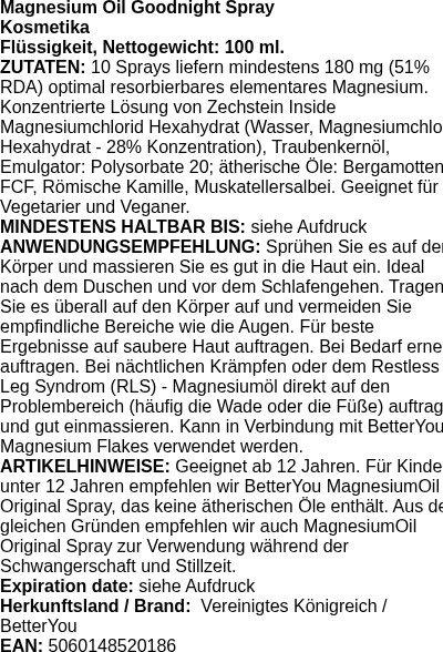 Produktetikett — Magnesium Sleep Body Spray - 100 ml. (PB 79831)