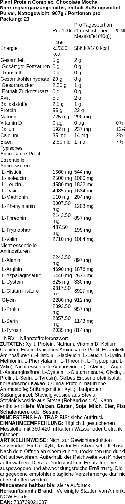 Produktetikett — Plant Protein Complex, Chocolate Mocha - 907g (PB 83907)