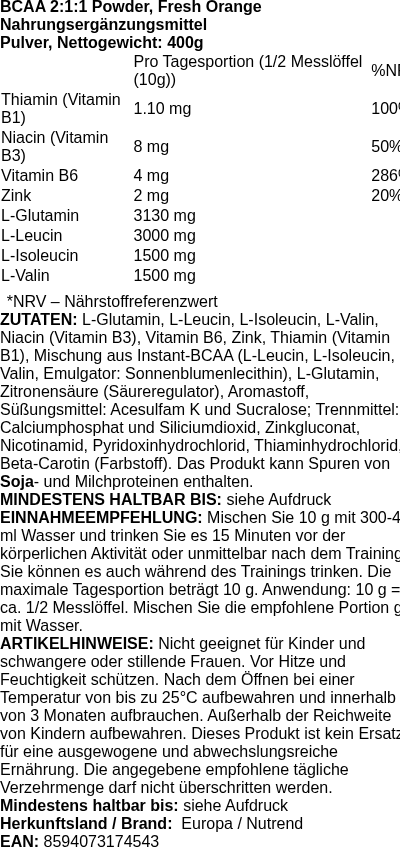 Produktetikett — BCAA 2:1:1 Powder, Fresh Orange - 400g (PB 114849)