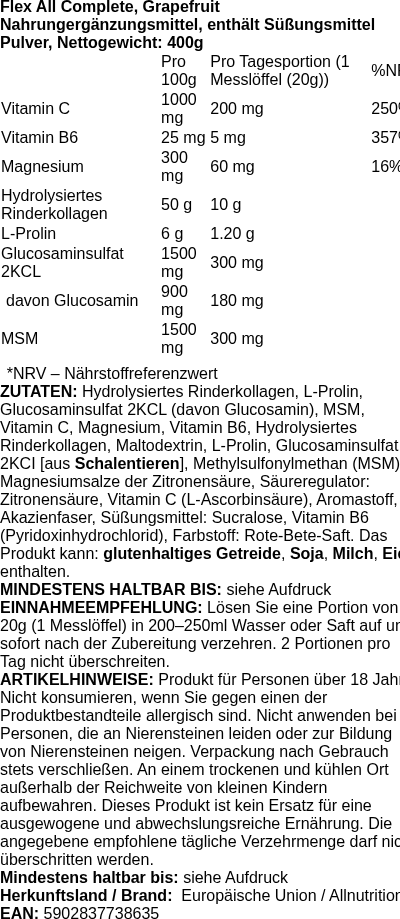 Produktetikett — Flex All Complete, Grapefruit - 400g (PB 117614)