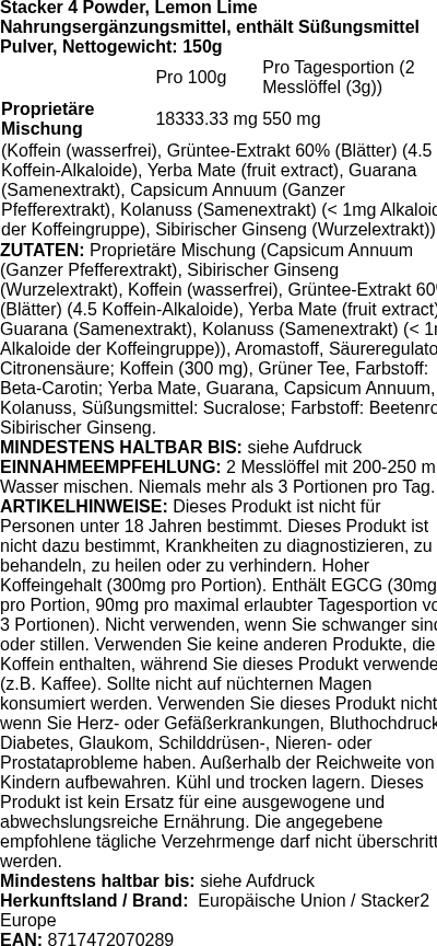 Produktetikett — Stacker 4 Powder, Lemon Lime - 150g (PB 114475)