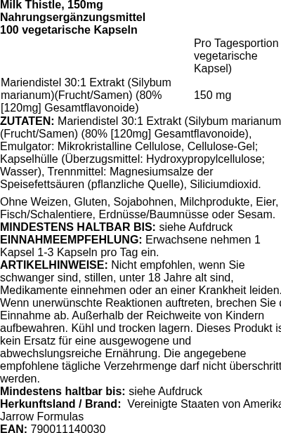 Produktetikett — Milk Thistle, 150mg - 100 vcaps (PB 78237)