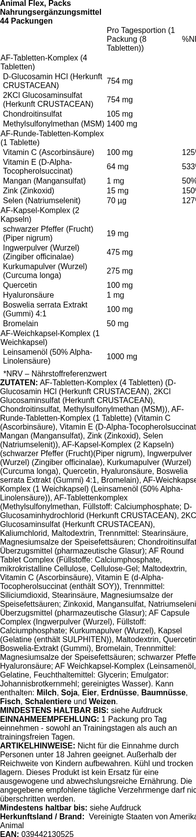 Produktetikett — Animal Flex, Packs - 44 packs (PB 2103)