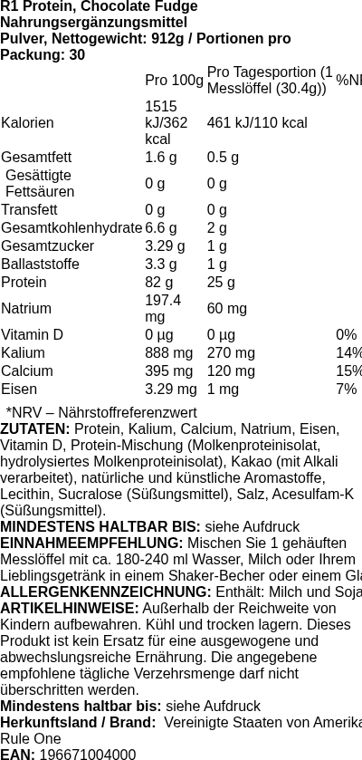 Produktetikett — R1 Protein, Chocolate Fudge - 912g (PB 110826)
