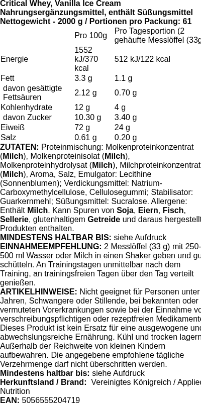 Produktetikett — Critical Whey, Vanilla Ice Cream - 2000g (PB 119017)