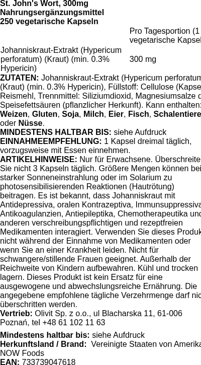 Produktetikett — St. John's Wort, 300mg - 250 vcaps (PB 72721)