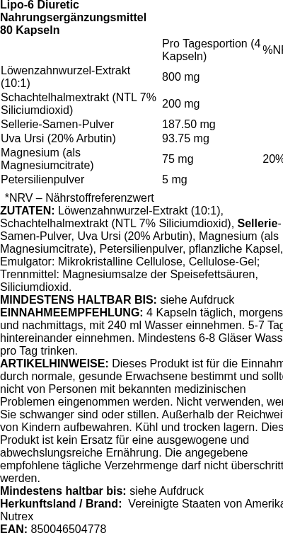 Produktetikett — Lipo-6 Diuretic - 80 caps (PB 118374)