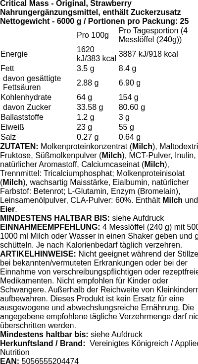 Produktetikett — Critical Mass - Original, Strawberry - 6000g (PB 118447)