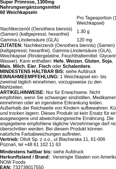 Produktetikett — Super Primrose, 1300mg - 60 softgels (PB 72745)
