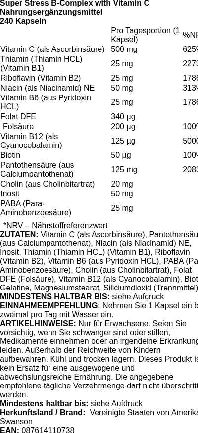Produktetikett — Super Stress B-Complex with Vitamin C - 240 caps (PB 107984)