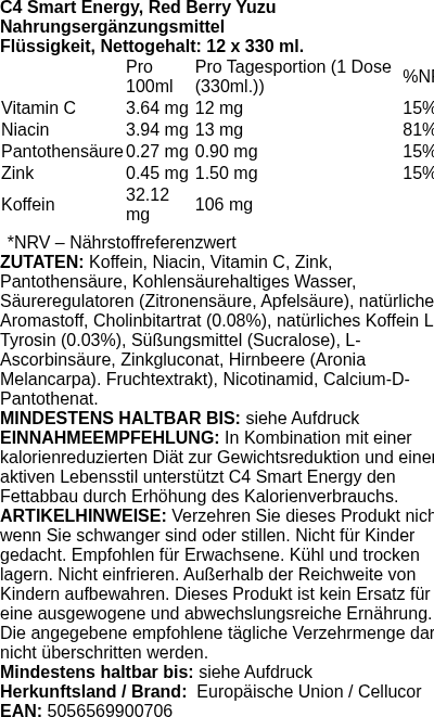 Produktetikett — C4 Smart Energy, Red Berry Yuzu - 12 x 330 ml. (PB 115749)
