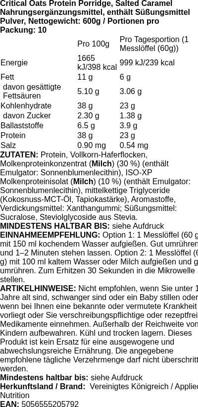 Produktetikett — Critical Oats Protein Porridge, Salted Caramel - 600g (PB 119449)
