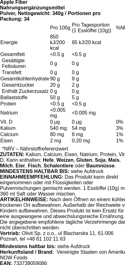 Produktetikett — Apple Fiber - 340g (PB 71204)