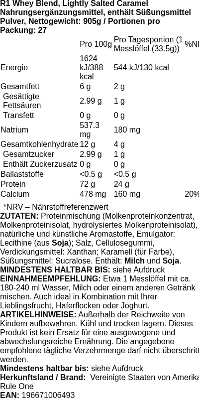 Produktetikett — R1 Whey Blend, Lightly Salted Caramel - 905g (PB 114156)