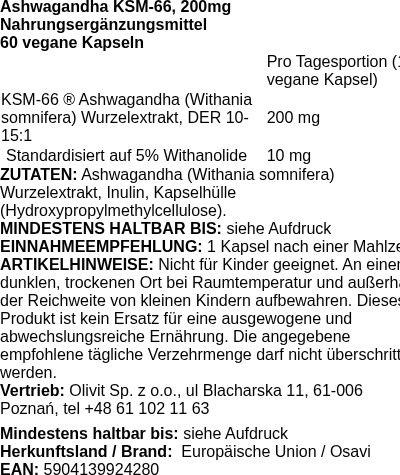 Produktetikett — Ashwagandha KSM-66, 200mg - 60 vegan caps (PB 118198)