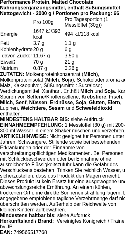 Produktetikett — Performance Protein, Malted Chocolate - 2000g (PB 117001)