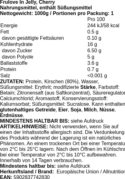 Produktetikett — Frulove In Jelly, Cherry - 1000g (PB 113168)