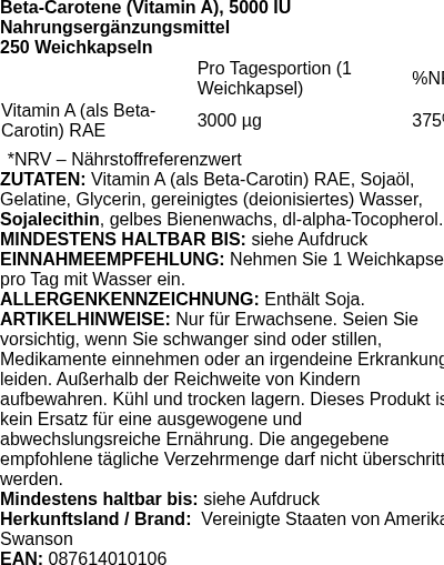Produktetikett — Beta-Carotene (Vitamin A), 10 000 IU - 250 softgels (PB 97555)
