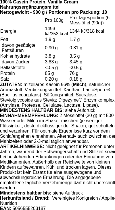 Produktetikett — 100% Casein Protein, Vanilla Cream - 900g (PB 117255)
