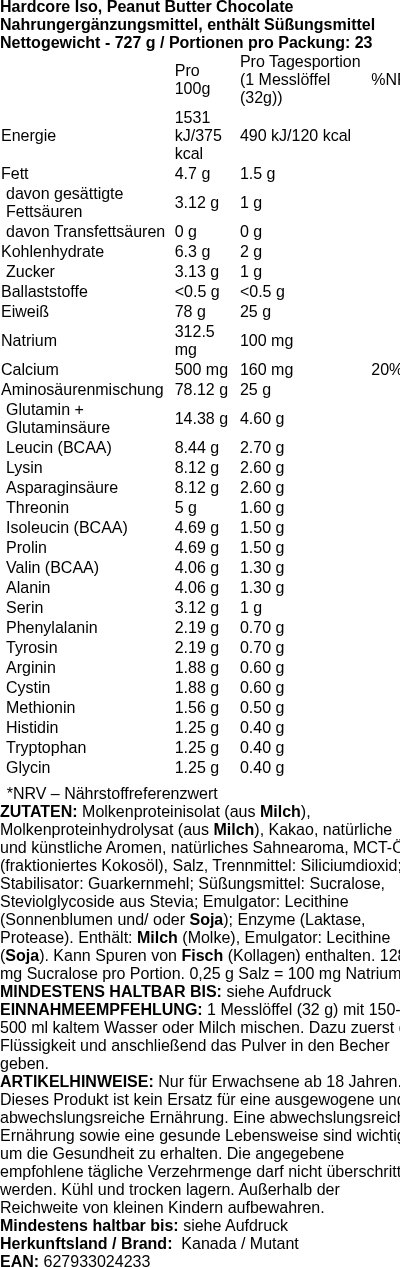 Produktetikett — Hardcore Iso, Peanut Butter Chocolate - 727g (PB 71032)