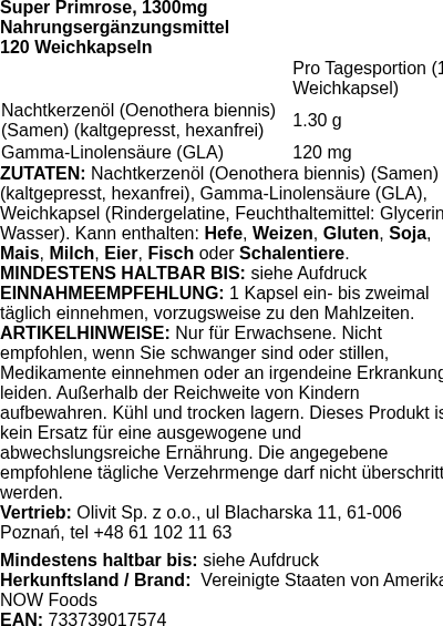 Produktetikett — Super Primrose, 1300mg - 120 softgels (PB 10444)