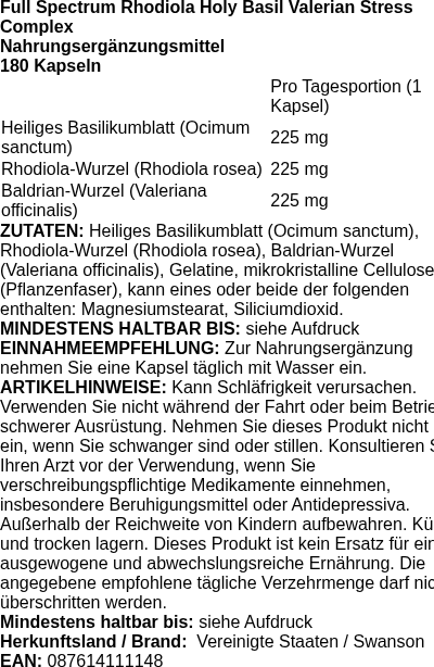 Produktetikett — Rhodiola Holy Basil Valerian Stress Complex - 180 caps (PB 85686)