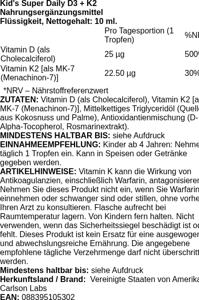 Produktetikett — Kid's Super Daily D3 + K2 - 10 ml. (PB 112332)