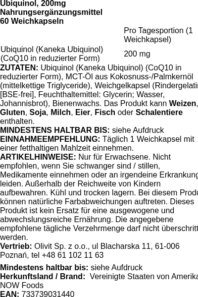 Produktetikett — Ubiquinol, 200mg - 60 softgels (PB 6193)