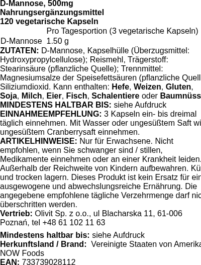 Produktetikett — D-Mannose, 500mg - 120 vcaps (PB 56309)