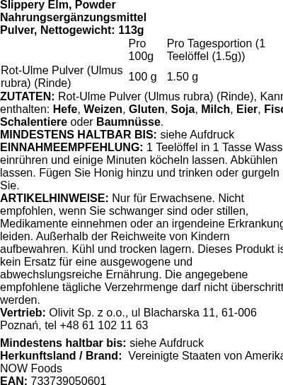 Produktetikett — Slippery Elm, Powder - 113g (PB 72685)