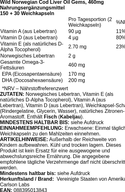 Produktetikett — Wild Norwegian Cod Liver Oil Gems, 460mg - 150 + 30 softgels (PB 94197)