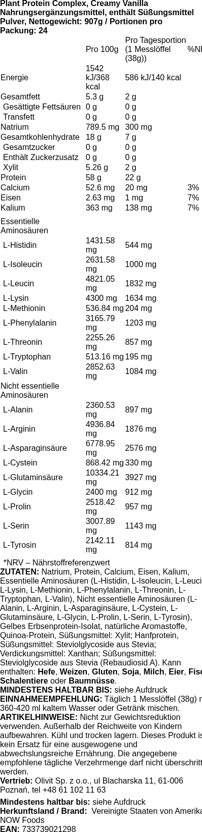 Produktetikett — Plant Protein Complex, Creamy Vanilla - 907g (PB 56233)