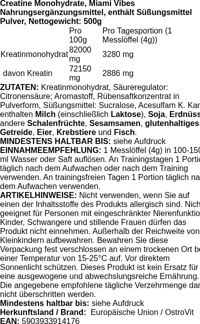 Produktetikett — Creatine Monohydrate, Miami Vibes - 500g (PB 124433)