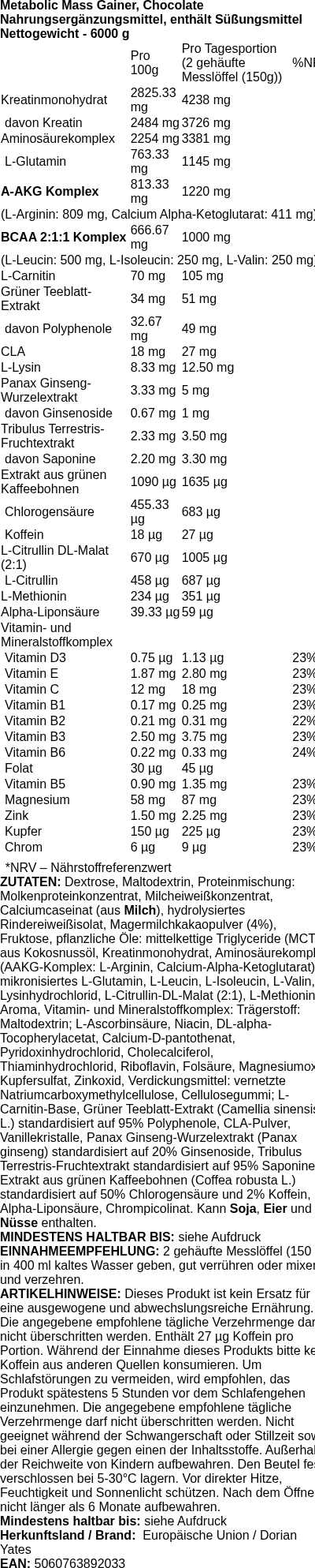 Produktetikett — Metabolic Mass Gainer, Chocolate - 6000g (PB 111178)