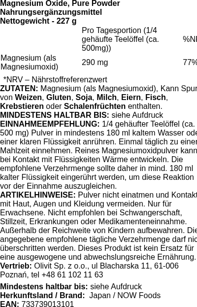 Produktetikett — Magnesium Oxide, Pure Powder - 227g (PB 72322)