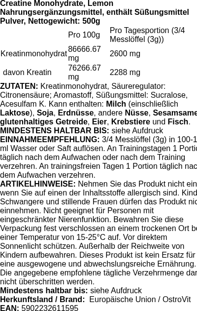 Produktetikett — Creatine Monohydrate, Lemon - 500g (PB 124429)