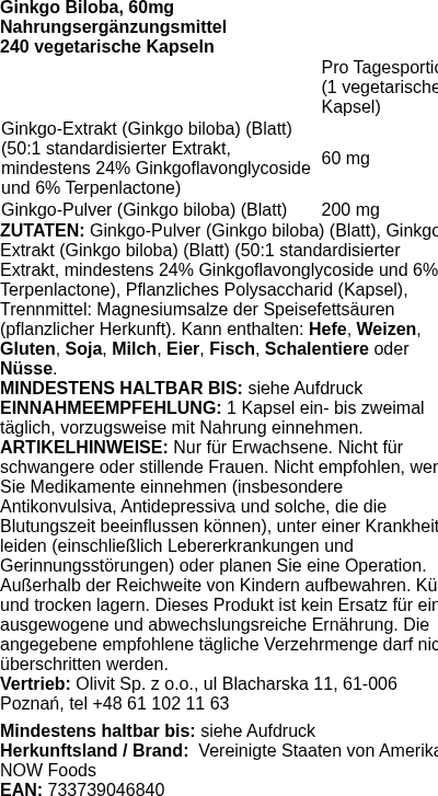 Produktetikett — Ginkgo Biloba, 60mg - 240 vcaps (PB 71666)
