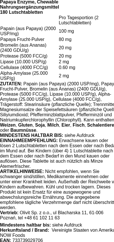 Produktetikett — Papaya Enzyme, Chewable - 180 lozenges (PB 73381)