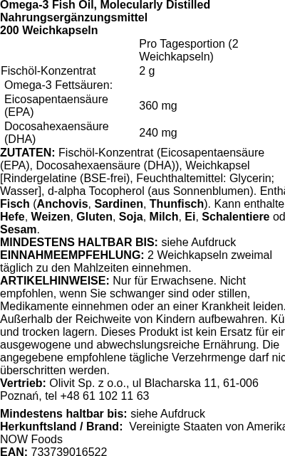 Produktetikett — Omega-3 Fish Oil, Molecularly Distilled - 200 softgels (PB 1915)