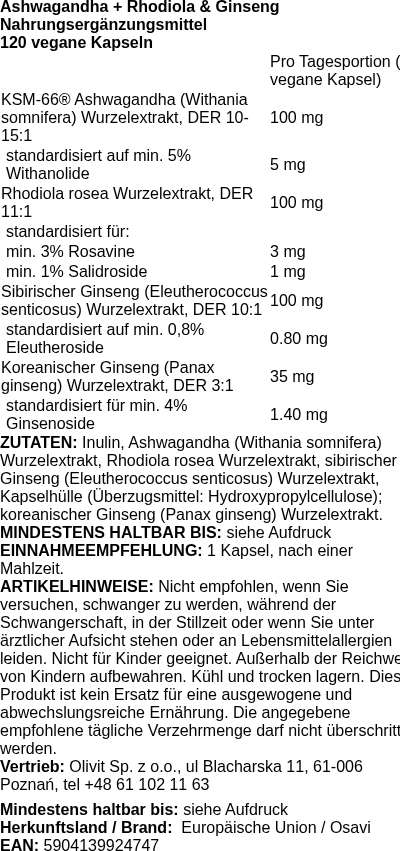 Produktetikett — Ashwagandha + Rhodiola & Ginseng - 120 vegan caps (PB 119652)