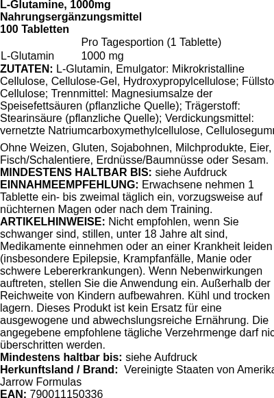 Produktetikett — L-Glutamine, 1000mg - 100 tabs (PB 82802)