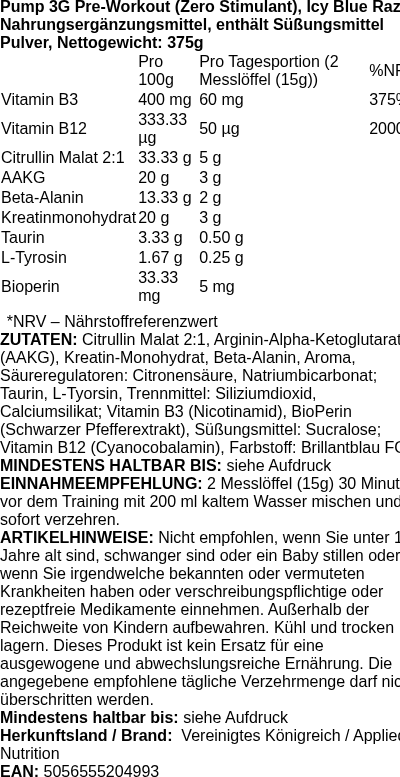 Produktetikett — Pump 3G Pre-Workout (Zero Stimulant), Icy Blue Raz (EAN 5056555204993) - 375g (PB 118428)
