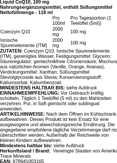 Produktetikett — Liquid CoQ10, 100mg - 118 ml. (PB 101964)
